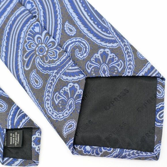 Express Design Studio Pewter Brown‎ Blue Paisley Woven Silk Tie - Picture 6 of 7